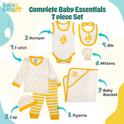 BabiesBasic 7 piece cotton Set include bib, blanket, mitten, cap, romper, top and bottom set, 9-12 Months , Yellow