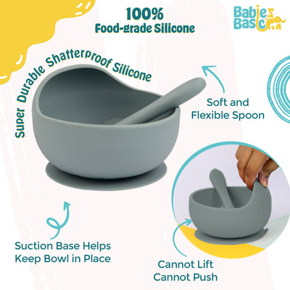 BabiesBasic Feeding Set, 2 Piece Silicone Set with Silicone Suction Bowl and Silicone Spoon - Indigo