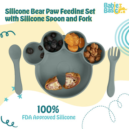 BabiesBasic Feeding Set, 3 Piece, Silicone Feeding Paw Set with Silicone Suction Plate, Spoon and Fork - Indigo