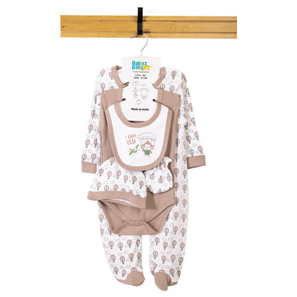 Babiesbasic 5 piece cotton Set include Bib, Romper, Mittens, cap and Sleepsuit- I can Fly, 3-6 Months , Grey