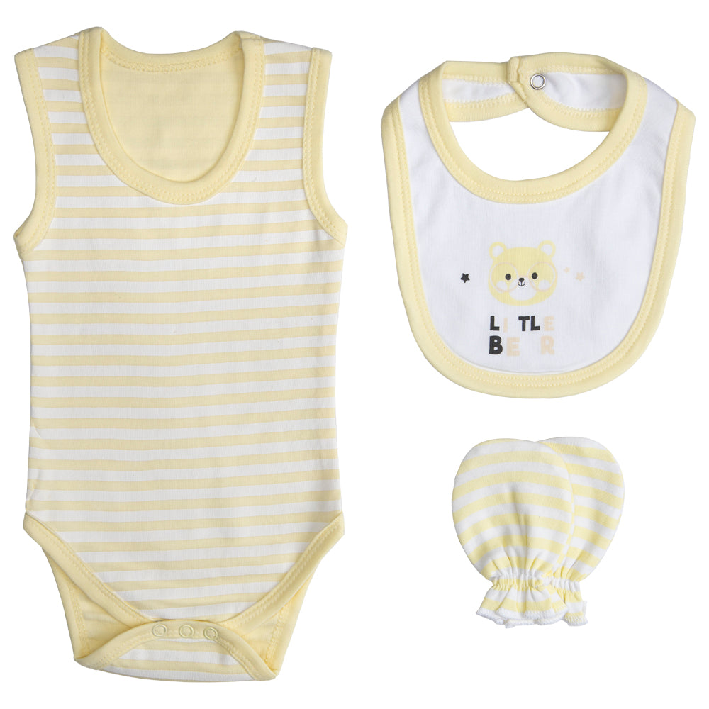 BabiesBasic 7 piece unisex 100% cotton Set include bib, socks, mitten, cap, romper, top and bottom set, 9-12 Months , Yellow