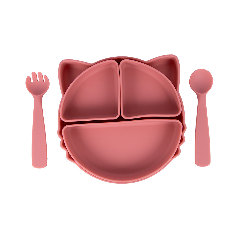 BabiesBasic Feeding Set with removable sections , 3 Piece Cat Set with Silicone Plate, Spoon and Fork - Pink