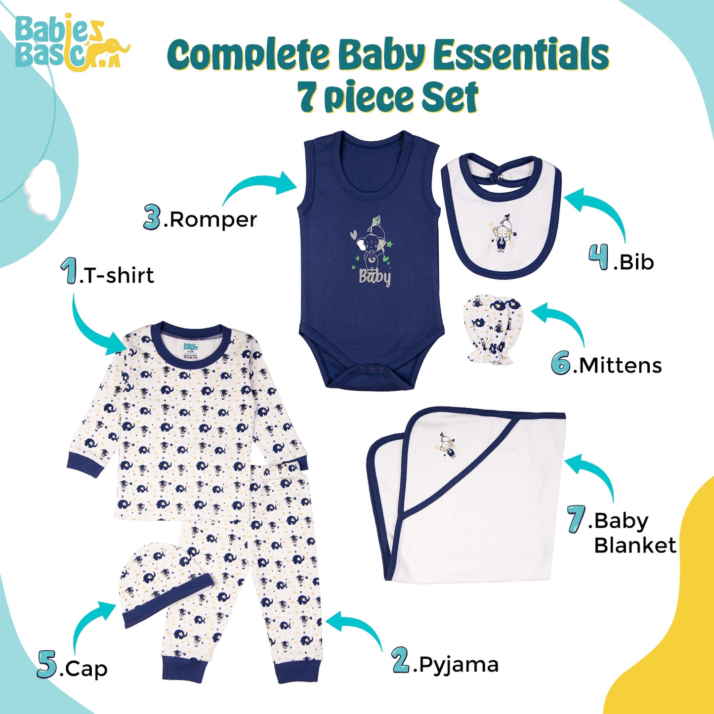 BabiesBasic 7 piece unisex 100% cotton Gift Set include bib, blanket, mitten, cap, romper, top and bottom set, 3-6 Months , Blue