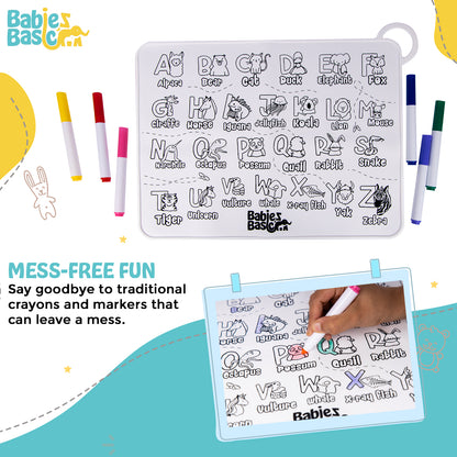 Babies Basic Reusable Silicone Colouring Mat with Pens and Travel Case - English Alphabet Design