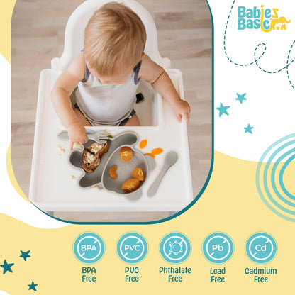 BabiesBasic Feeding Set, 3 Piece, Silicone Feeding Panda Set with Silicone Suction Plate, Spoon and Fork - Grey