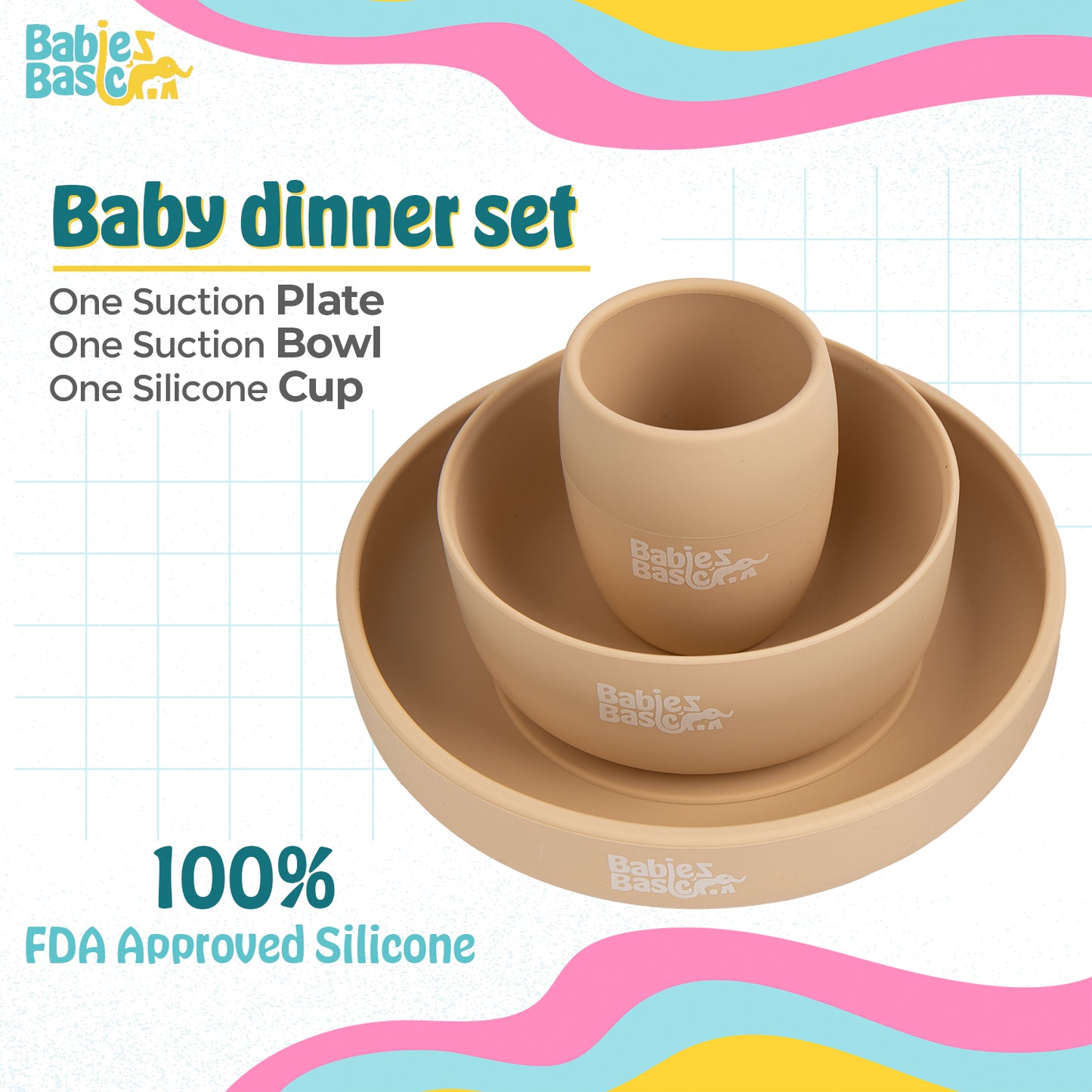 BabiesBasic 5 pc Set with silicone plate, bowl, cup and stainless steel cutlery with case - Beige