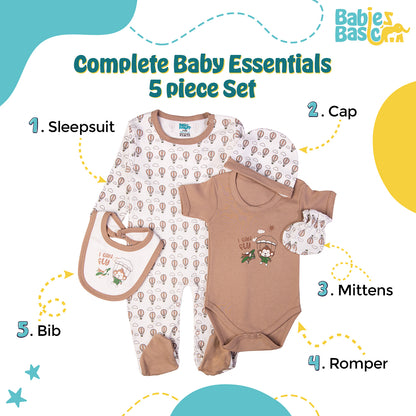 Babiesbasic 5 piece cotton Set include Bib, Romper, Mittens, cap and Sleepsuit- I can Fly, 3-6 Months , Grey