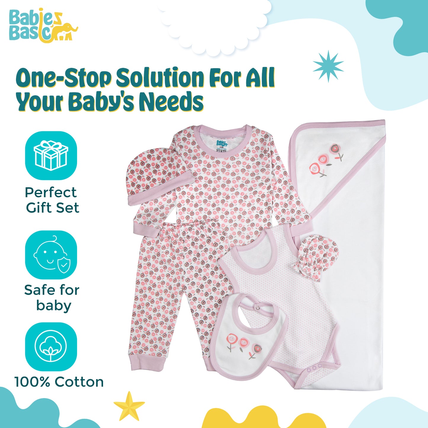 BabiesBasic 7 piece cotton Set include bib, blanket, mitten, cap, romper, top and bottom set, 6-9 Months , Light Mouve