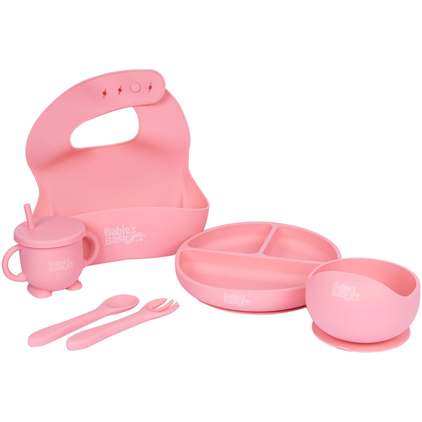 BabiesBasic Feeding Set, 6 Piece, Silicone Plate, Bowl, Bib, Spoon , Fork and  2 in 1 Cup - Pink