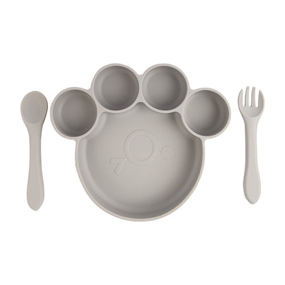 BabiesBasic Feeding Set, 3 Piece, Silicone Feeding Paw Set with Silicone Suction Plate, Spoon and Fork - Grey