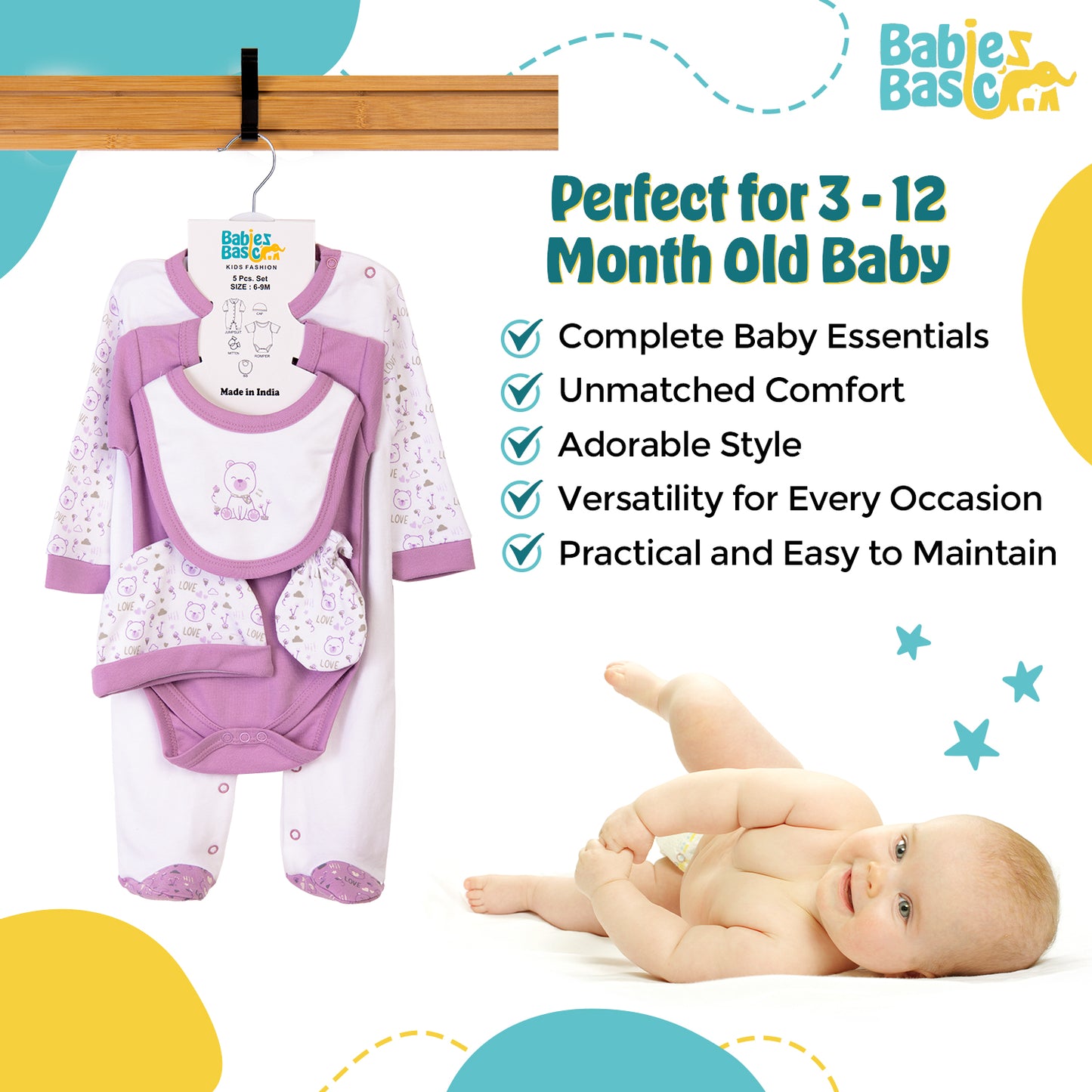 Babiesbasic 5 piece cotton Set include Bib, Romper, Mittens, cap and Sleepsuit- Teddy, 3-6 Months , Dark Mouve