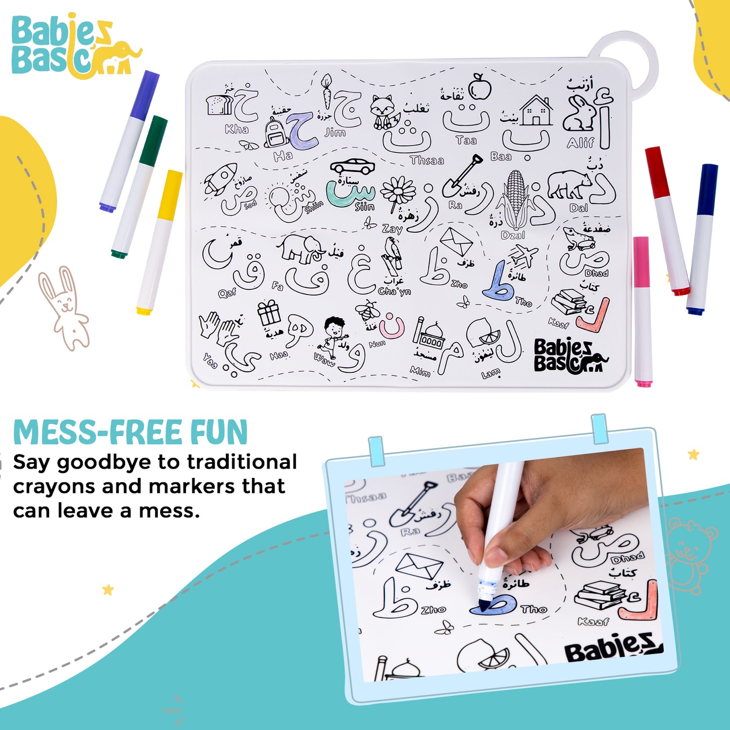 Babies Basic Reusable Silicone Colouring Mat with Pens and Travel Case - Arabic Alphabet Design