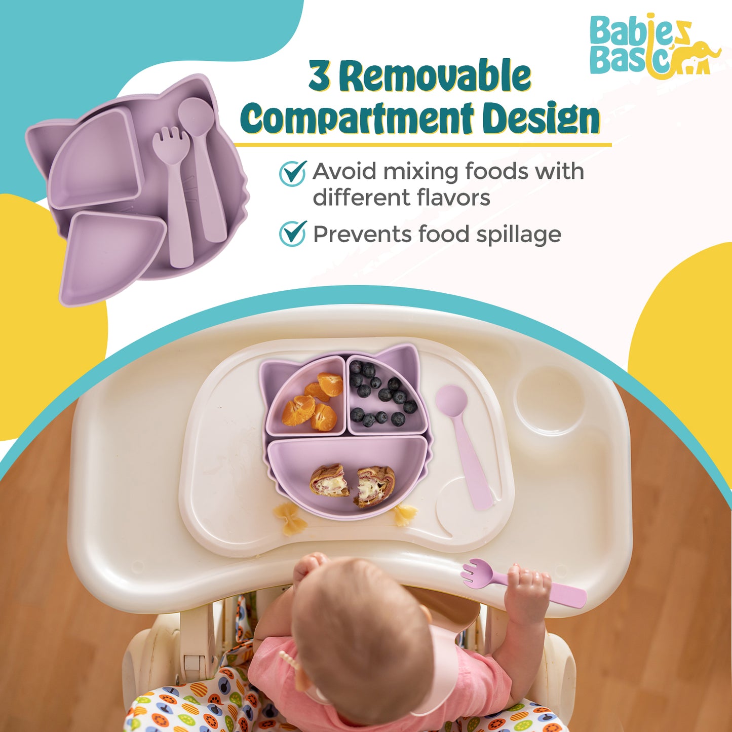 BabiesBasic Feeding Set with removable sections , 3 Piece Cat Set with Silicone Plate, Spoon and Fork - Purple