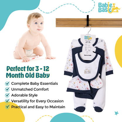 Babiesbasic 5 piece cotton Set include Bib, Romper, Mittens, cap and Sleepsuit- Hug Day, 3-6 Months , Blue