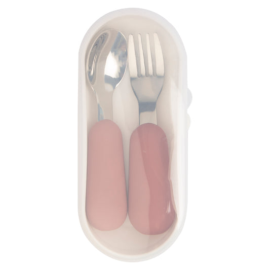 Babies Basic Stainless Steel Cutlery Set with Spoon and Fork with travel case - Pink