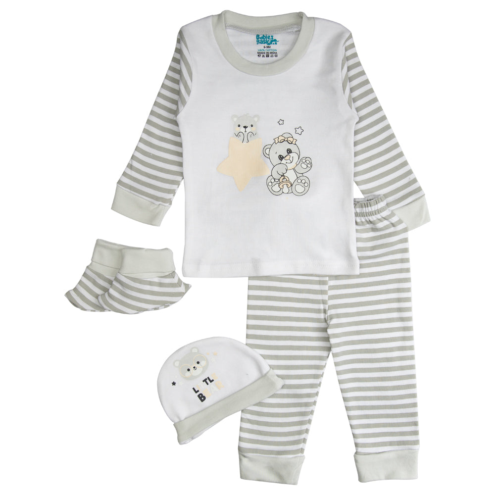 BabiesBasic 7 piece unisex 100% cotton Set include bib, socks, mitten, cap, romper, top and bottom set, 9-12 Months , Grey