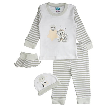 BabiesBasic 7 piece unisex 100% cotton Set include bib, socks, mitten, cap, romper, top and bottom set, 9-12 Months , Grey