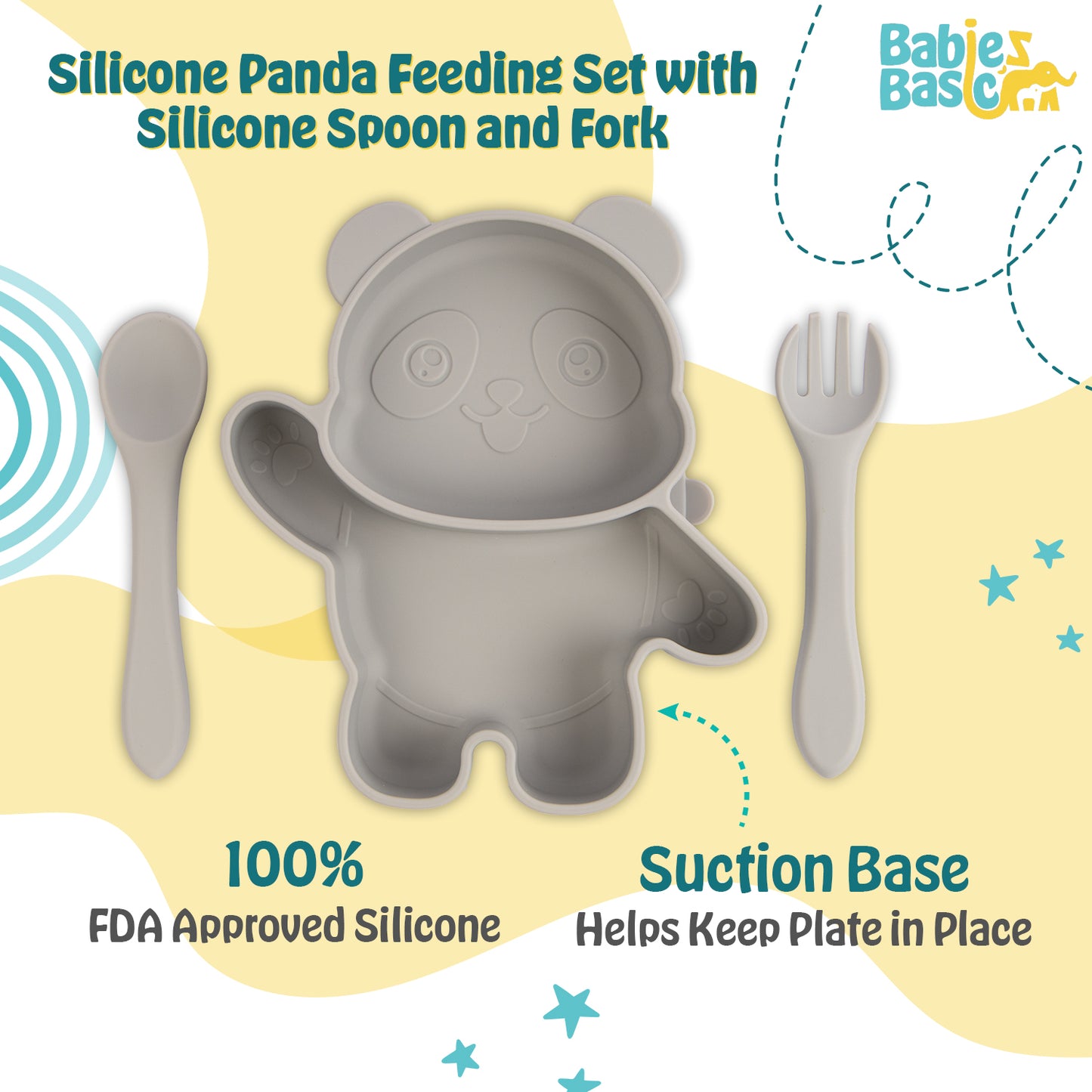 BabiesBasic Feeding Set, 3 Piece, Silicone Feeding Panda Set with Silicone Suction Plate, Spoon and Fork - Grey