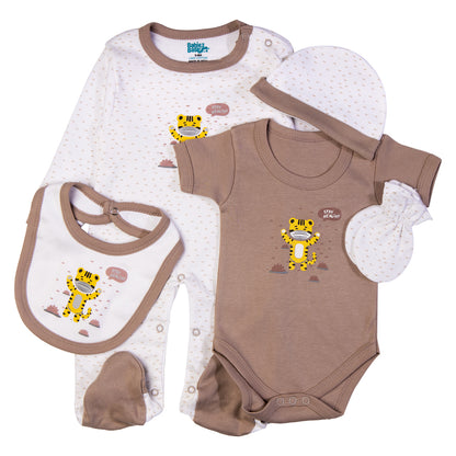 Babiesbasic 5 piece cotton Set include Bib, Romper, Mittens, cap and Sleepsuit- Stay Healthly, 9-12 Months , Grey