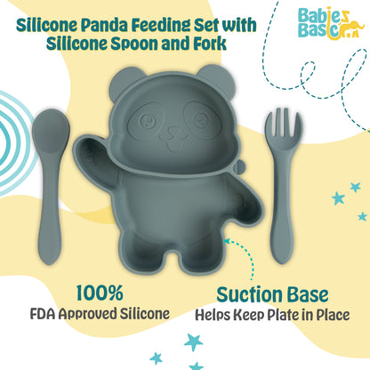 BabiesBasic Feeding Set, 3 Piece, Silicone Feeding Panda Set with Silicone Suction Plate, Spoon and Fork - Indigo