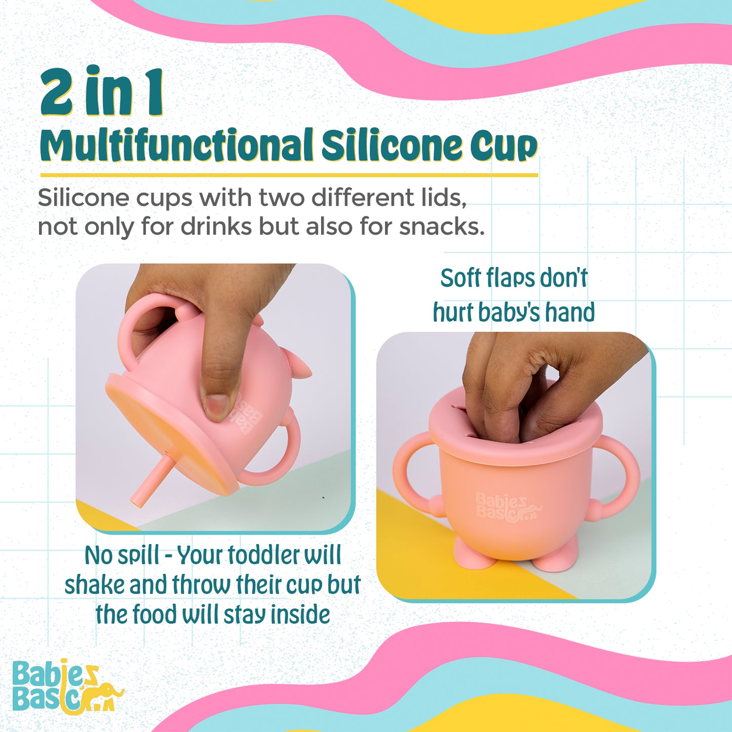 BabiesBasic Multi Purpose 2 in 1 Silicone Cup with Straw or a Snack Lid - Pink