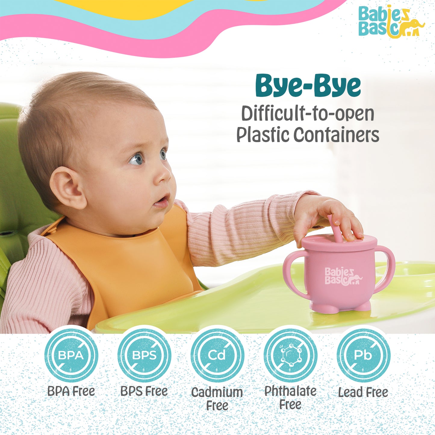 BabiesBasic Multi Purpose 2 in 1 Silicone Cup with Straw or a Snack Lid - Pink