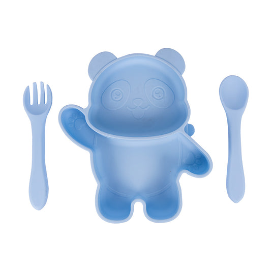 BabiesBasic Feeding Set, 3 Piece, Silicone Feeding Panda Set with Silicone Suction Plate, Spoon and Fork - Blue