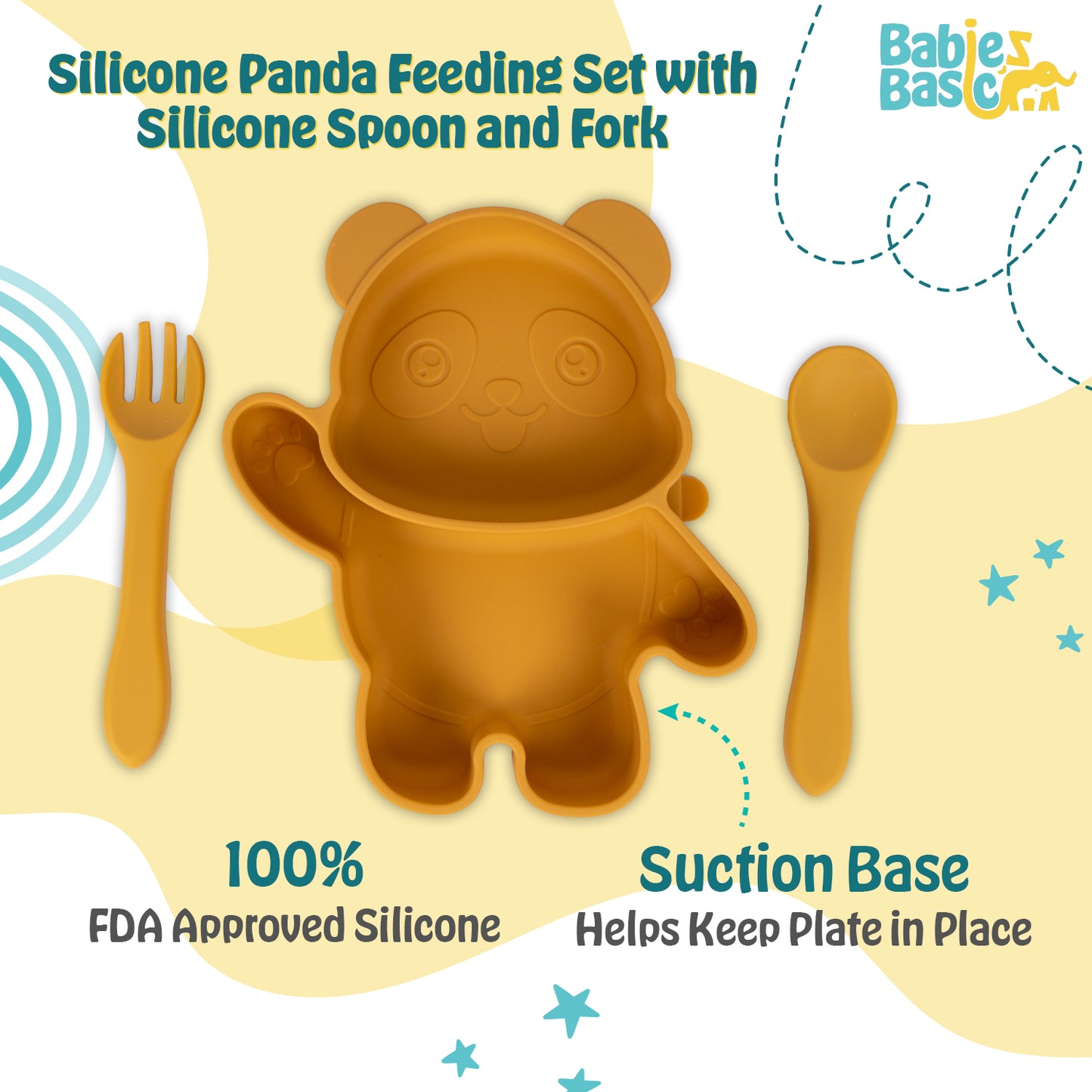 BabiesBasic Feeding Set, 3 Piece, Silicone Feeding Panda Set with Silicone Suction Plate, Spoon and Fork - Yellow