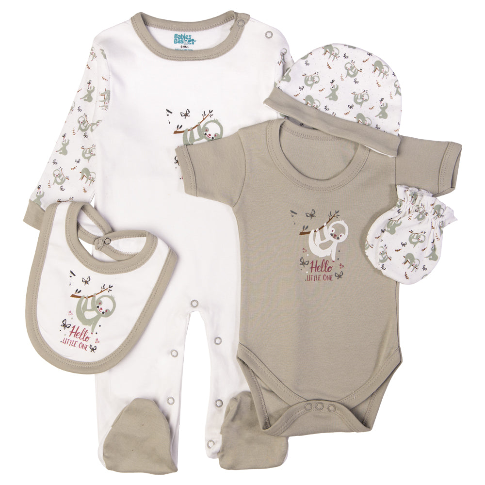 Babiesbasic 5 piece cotton Set include Bib, Romper, Mittens, cap and Sleepsuit- Hello Little One, 9-12 Months , Grey