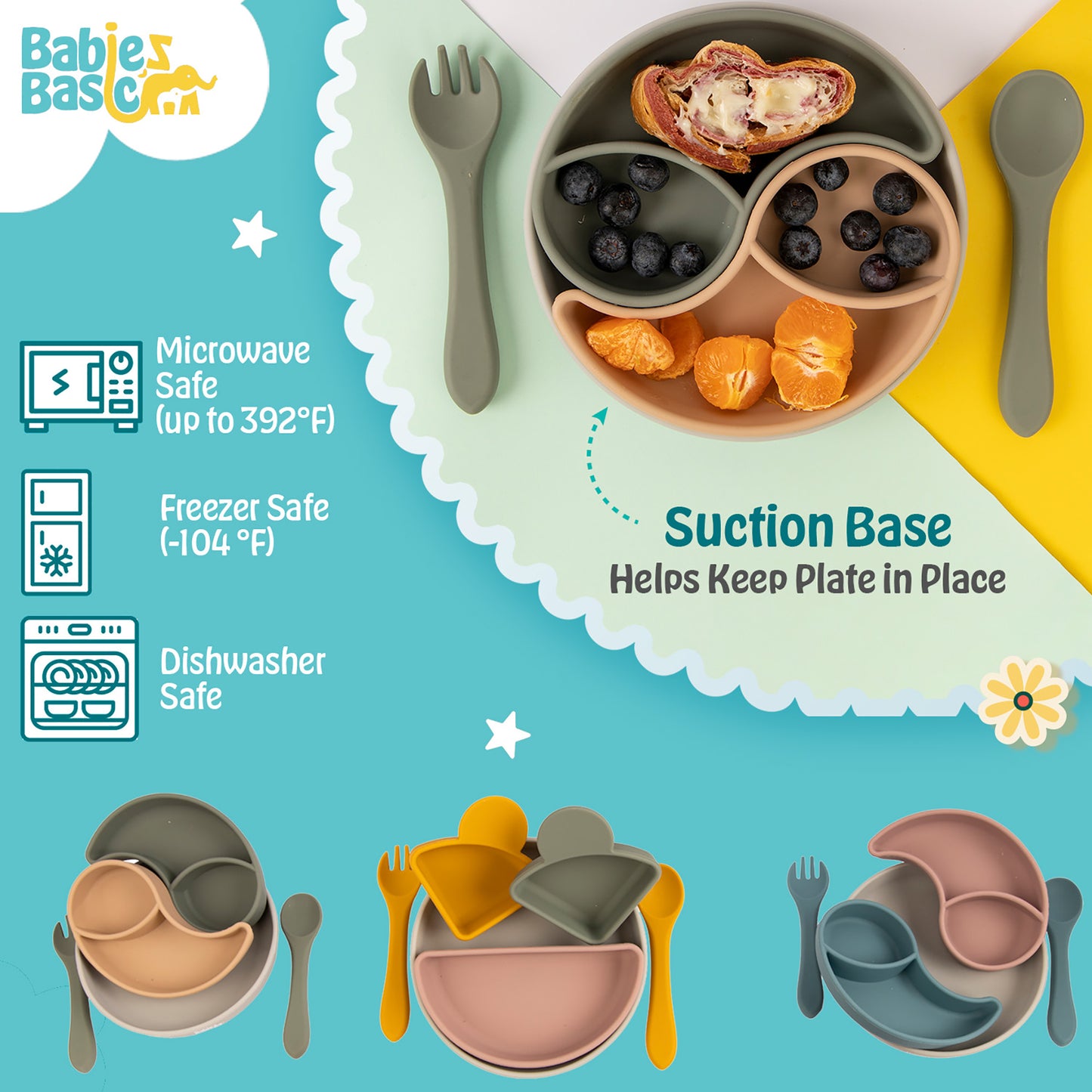 BabiesBasic Feeding Set with removable sections , 3 Piece Set with Silicone Plate, Spoon and Fork - Cream