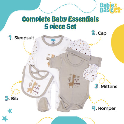 Babiesbasic 5 piece cotton Set include Bib, Romper, Mittens, cap and Sleepsuit- Believe in Yourself, 9-12 Months , Green