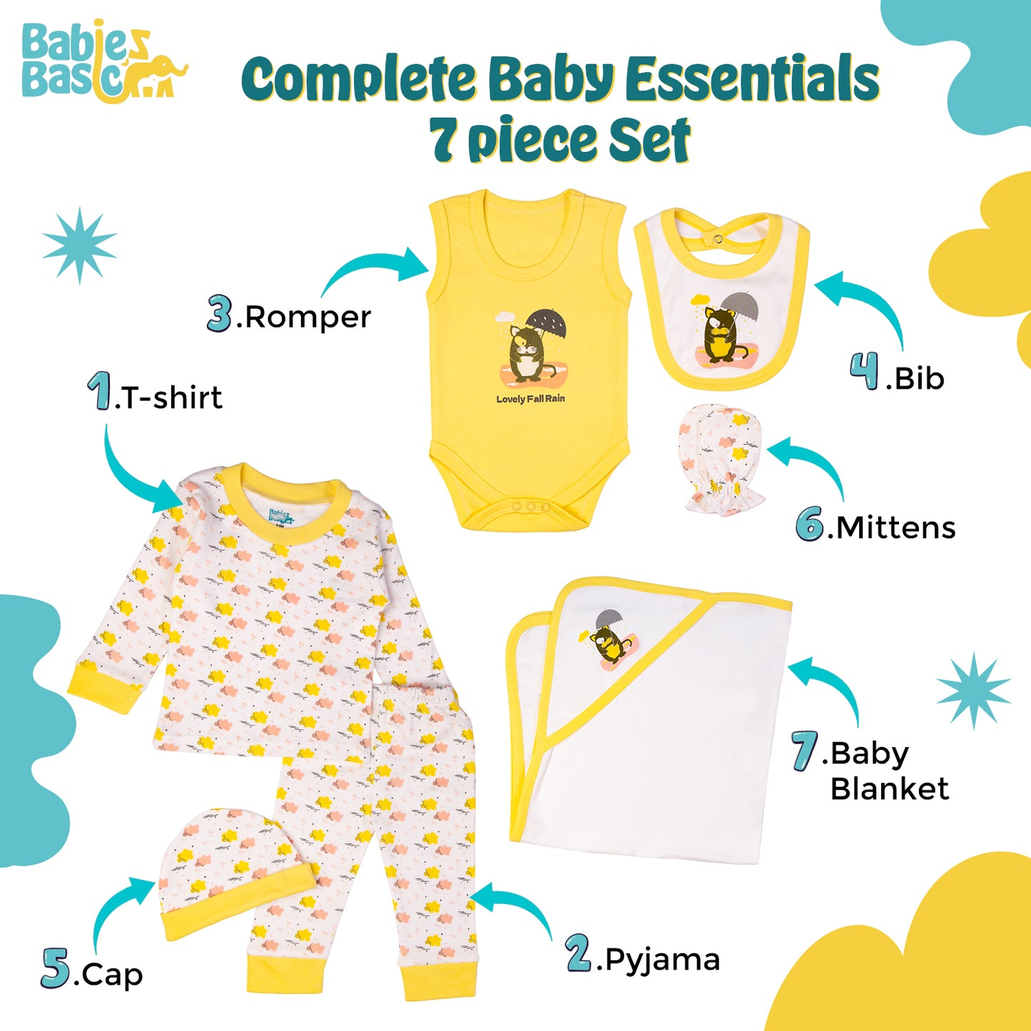 BabiesBasic 7 piece cotton Set include bib, blanket, mitten, cap, romper, top and bottom set, 9-12 Months , Yellow