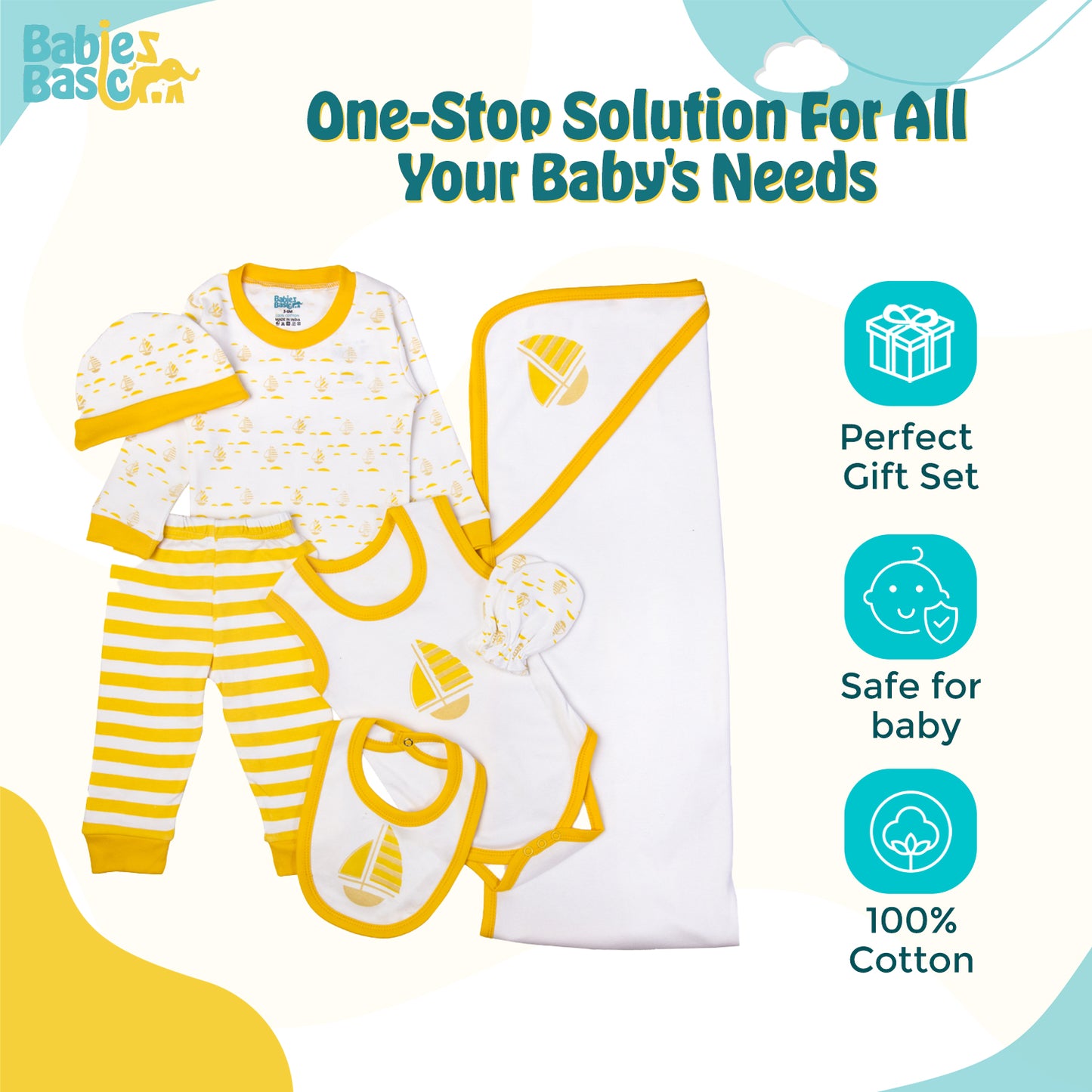 BabiesBasic 7 piece cotton Set include bib, blanket, mitten, cap, romper, top and bottom set, 9-12 Months , Yellow