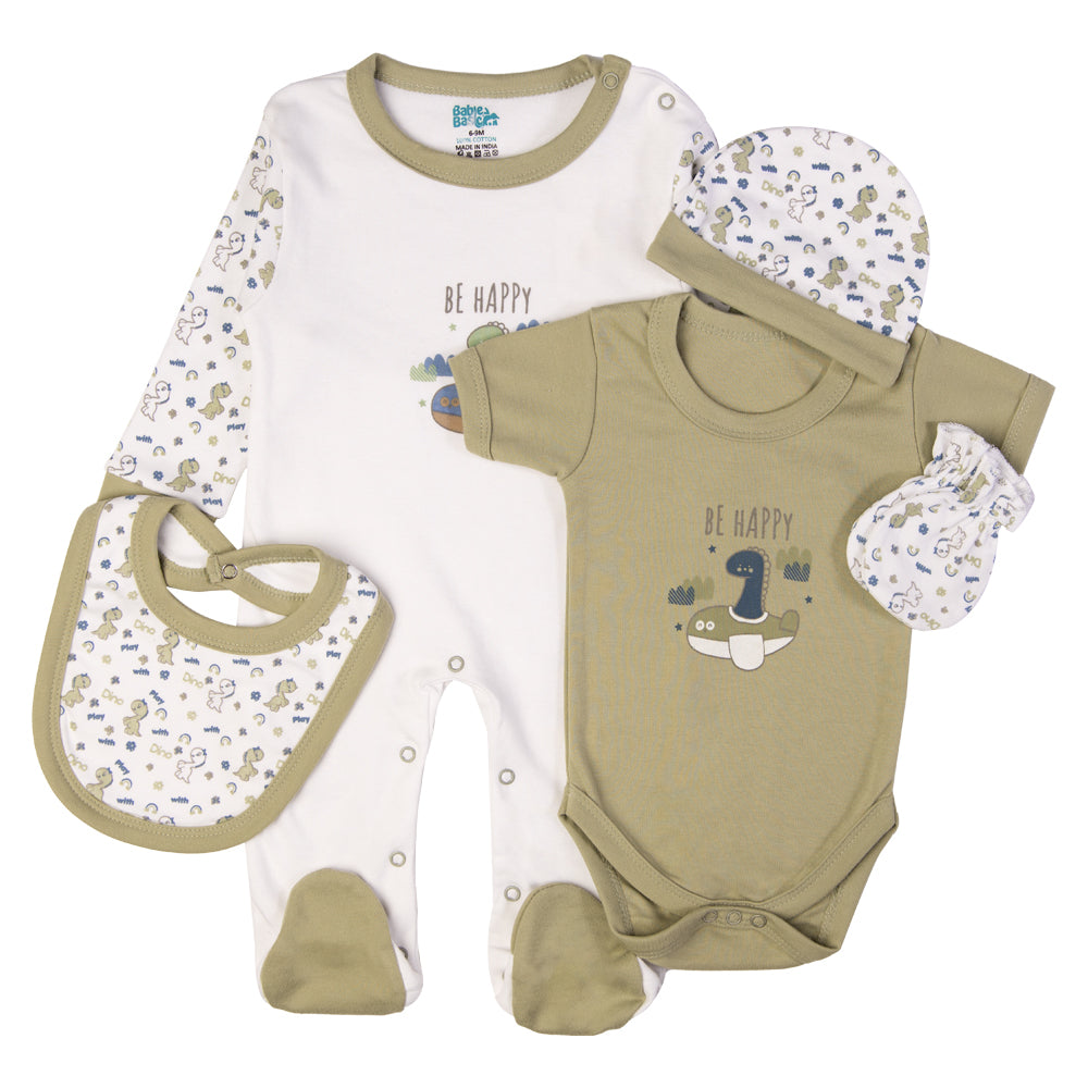 Babiesbasic 5 piece cotton Set include Bib, Romper, Mittens, cap and Sleepsuit- Be Happy, 9-12 Months , Green