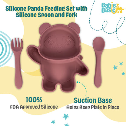 BabiesBasic Feeding Set, 3 Piece, Silicone Feeding Panda Set with Silicone Suction Plate, Spoon and Fork - Pink