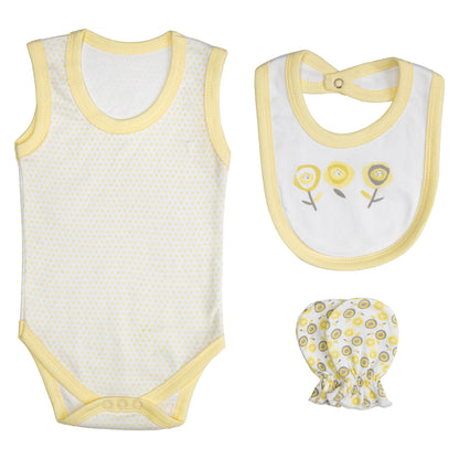 BabiesBasic 7 piece cotton Set include bib, blanket, mitten, cap, romper, top and bottom set, 9-12 Months , Yellow