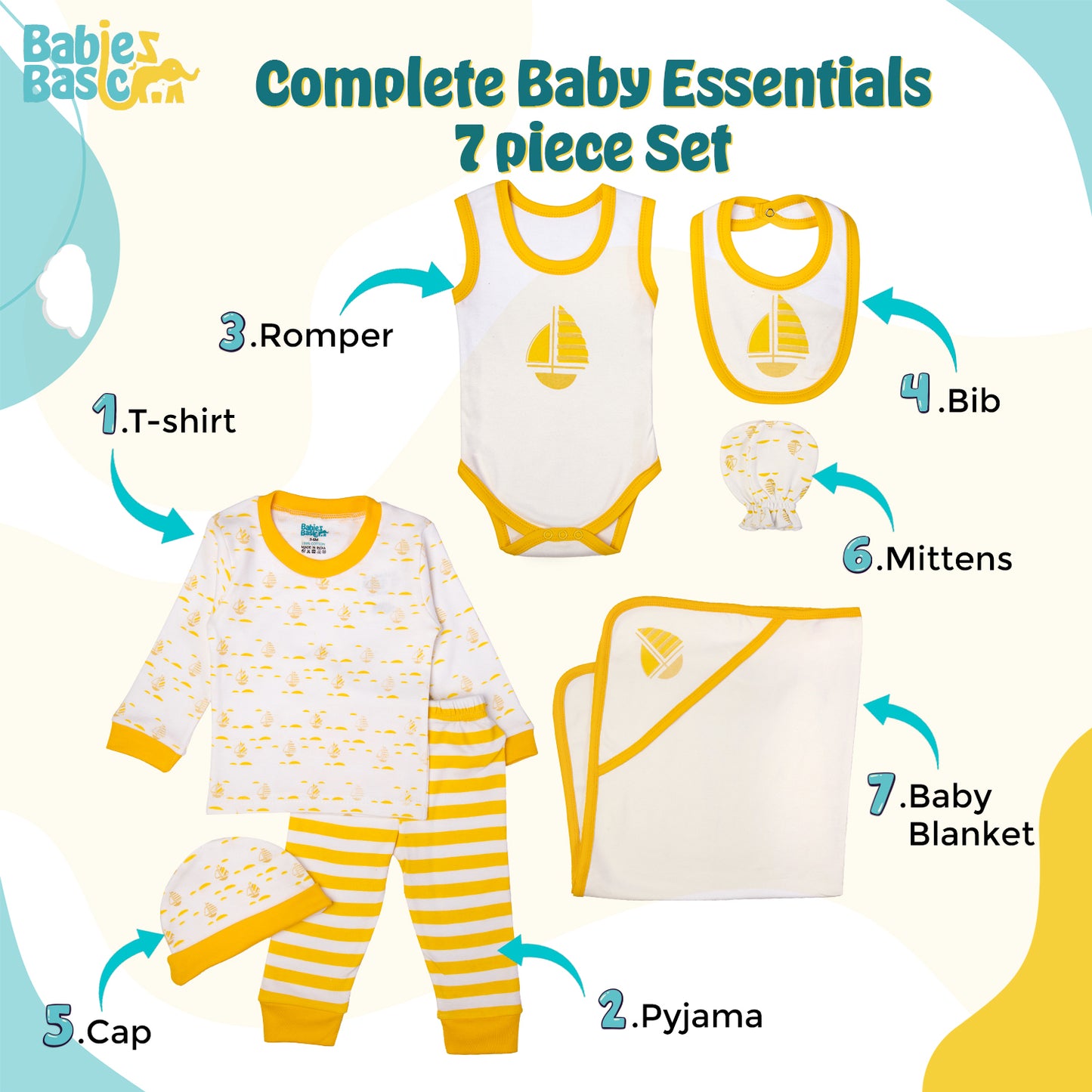 BabiesBasic 7 piece cotton Set include bib, blanket, mitten, cap, romper, top and bottom set, 9-12 Months , Yellow