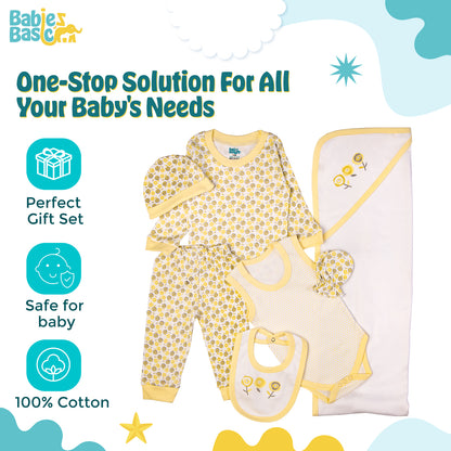 BabiesBasic 7 piece cotton Set include bib, blanket, mitten, cap, romper, top and bottom set, 9-12 Months , Yellow