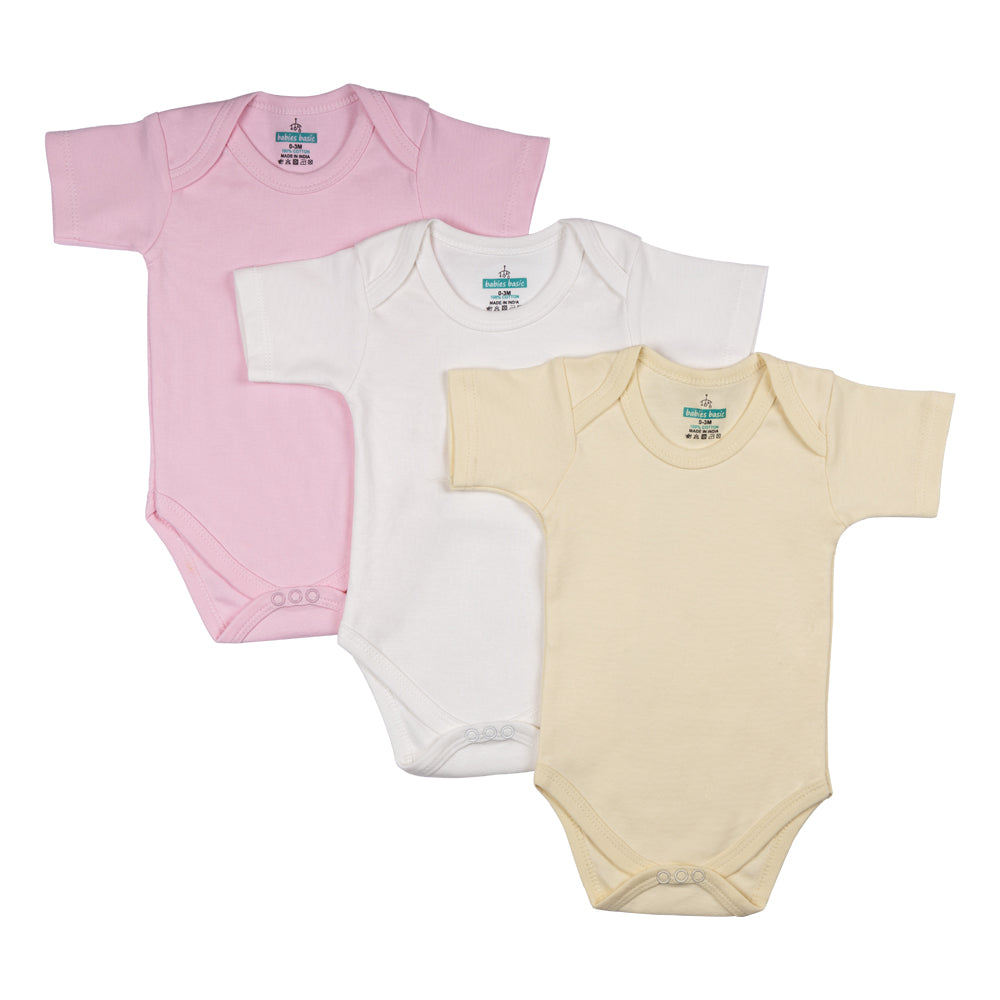 BabiesBasic 100% Super Combed Cotton, Short Sleeves Romper/Bodysuit, Set of 3 - Pink, Lemon, Cream, 0-3 Months