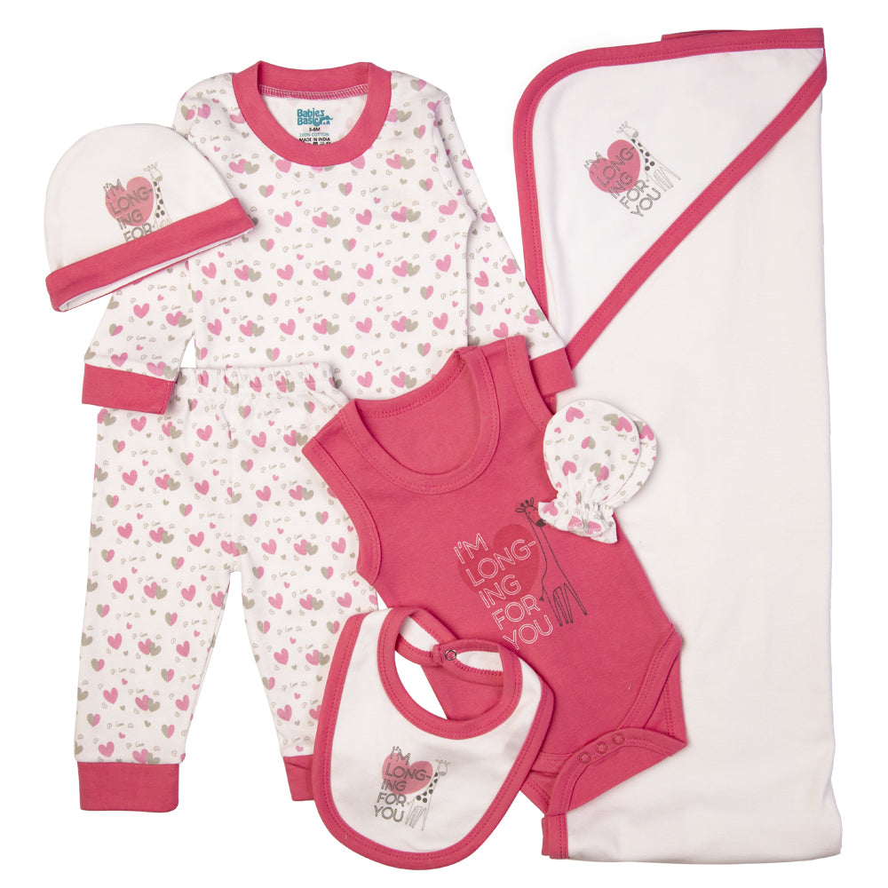 BabiesBasic 7 piece unisex 100% cotton Gift Set include bib, blanket, mitten, cap, romper, top and bottom set, 6-9 Months , Pink