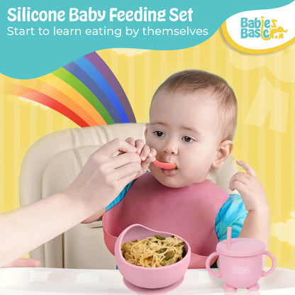 BabiesBasic Feeding Set, 6 Piece, Silicone Plate, Bowl, Bib, Spoon , Fork and  2 in 1 Cup - Pink