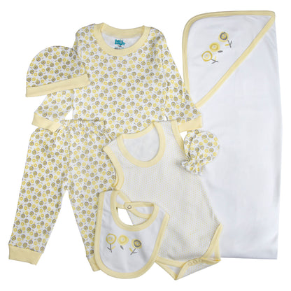 BabiesBasic 7 piece cotton Set include bib, blanket, mitten, cap, romper, top and bottom set, 9-12 Months , Yellow