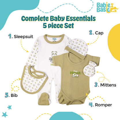 Babiesbasic 5 piece cotton Set include Bib, Romper, Mittens, cap and Sleepsuit- Sleepy Panda, 9-12 Months , Green