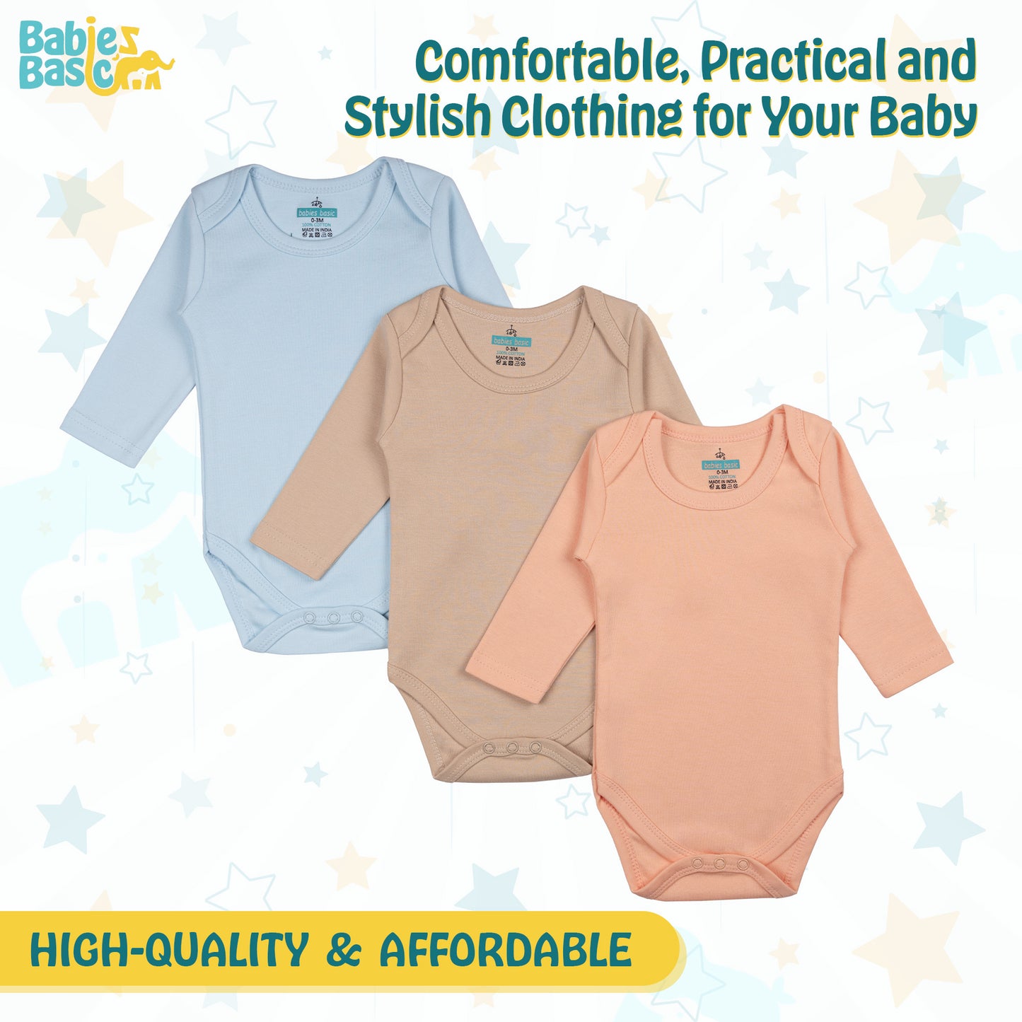 BabiesBasic 100% Super Combed Cotton, Long Sleeves Romper/Bodysuit, Set of 3 - Blue, Brown, Orange, 9-12 Months