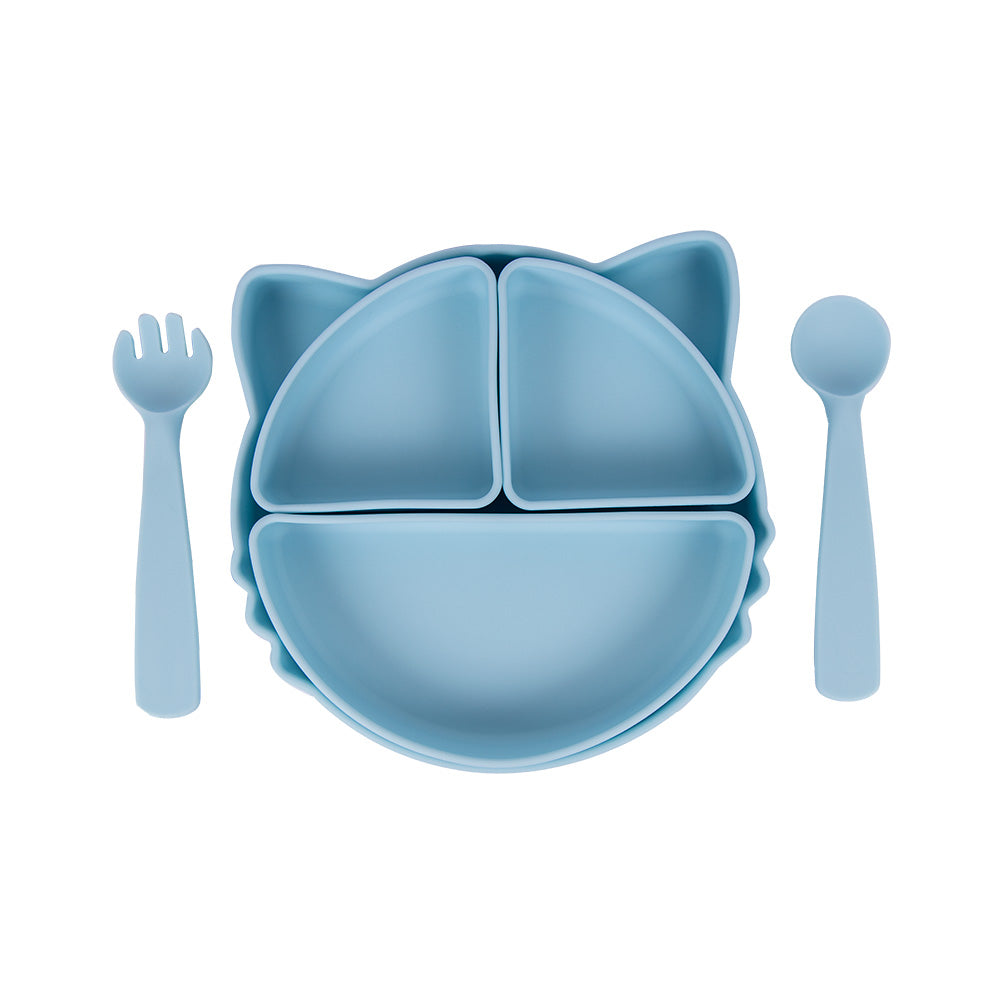 BabiesBasic Feeding Set with removable sections , 3 Piece Cat Set with Silicone Plate, Spoon and Fork - Blue