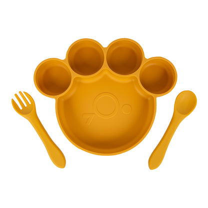 BabiesBasic Feeding Set, 3 Piece, Silicone Feeding Paw Set with Silicone Suction Plate, Spoon and Fork - Yellow