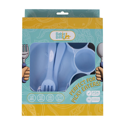 BabiesBasic Feeding Set, 3 Piece, Silicone Feeding Paw Set with Silicone Suction Plate, Spoon and Fork - Blue