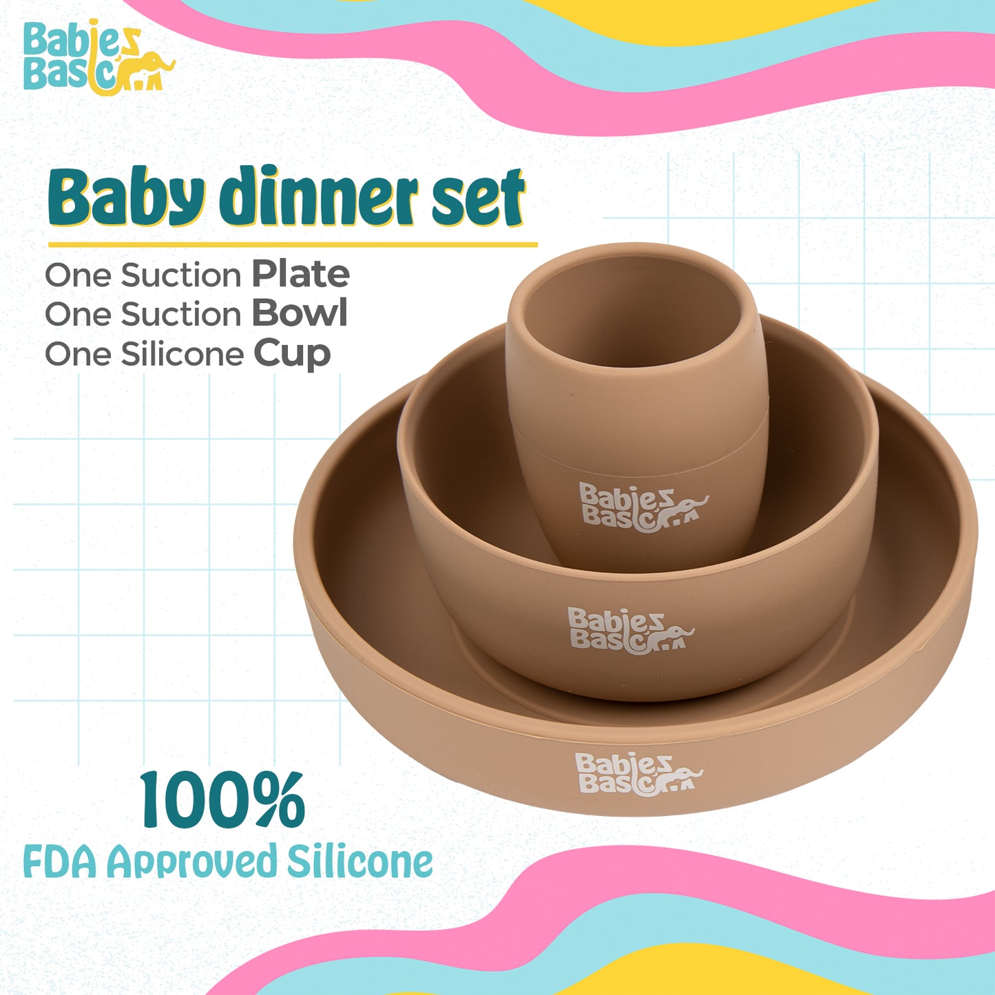 BabiesBasic 5 pc Set with silicone plate, bowl, cup and stainless steel cutlery with case - Cream