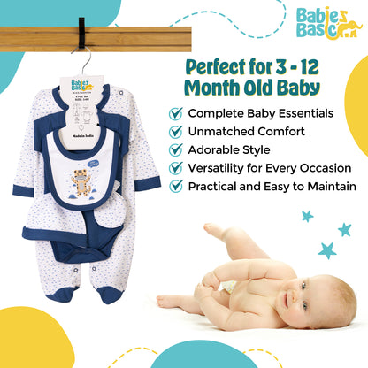 Babiesbasic 5 piece cotton Set include Bib, Romper, Mittens, cap and Sleepsuit- Stay Healthly, 9-12 Months , Blue