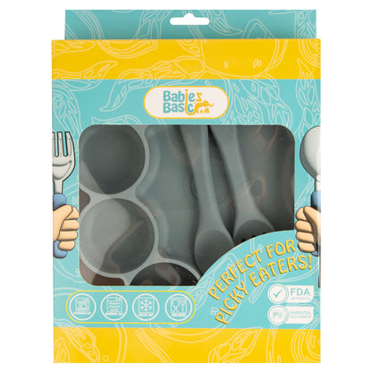 BabiesBasic Feeding Set, 3 Piece, Silicone Feeding Paw Set with Silicone Suction Plate, Spoon and Fork - Indigo